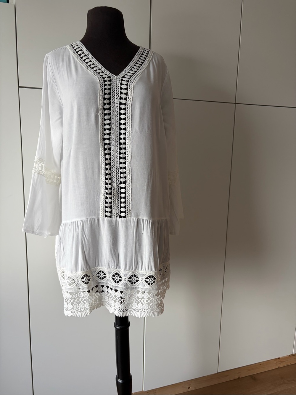 Boho White Crochet Lace V-Neck Tunic Mini Dress Top XXL